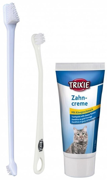 Tandvårds set till katt, 2 borstar + tandkräm m ostsmak